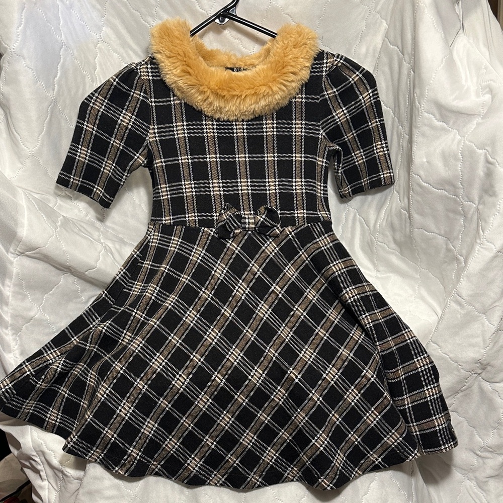 Janie and Jack Black and Cream Plaid Dress with Gold Faux Fur Collar